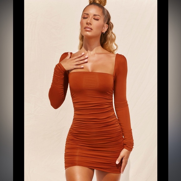 Oh Polly Dresses & Skirts - Flatter Me Long Sleeve Ruched Mini Dress in Burnt Orange size 6